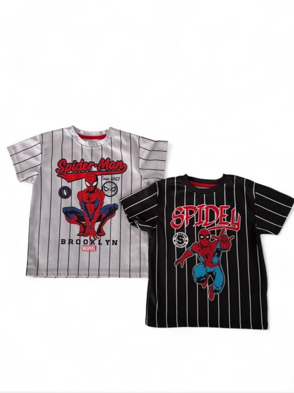 Marvel Spider-Man Kids Pinstripe Tees — White & Black Bundle Size 7